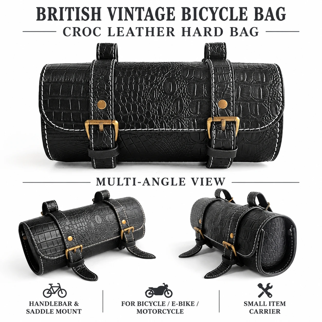 Retro PU Leather Motorcycle Handlebar Bag Hard Shell Cylindrical Storage Pouch With Adjustable Strap For Cycling Motorbike Acces