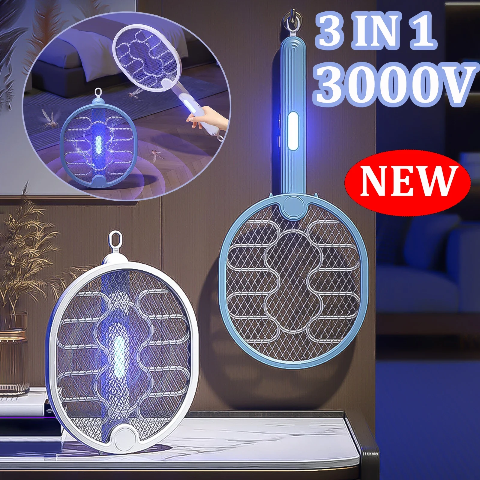 USB 충전식 전기 모기 라켓 킬러, 여름 파리 트랩 곤충 모기 라켓 재퍼, 4 in 1 