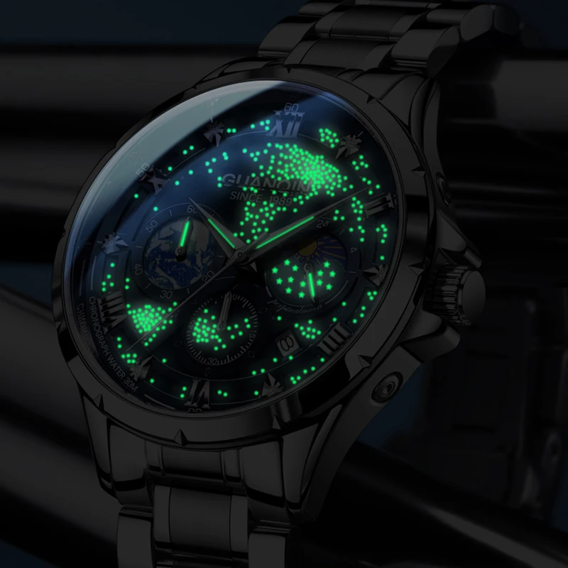 GUANQIN Luxury Men Quartz Watch Star Series Stainless Steel Alloy Case Date Business Leisure 30M Waterproof Luminous Wristwatch