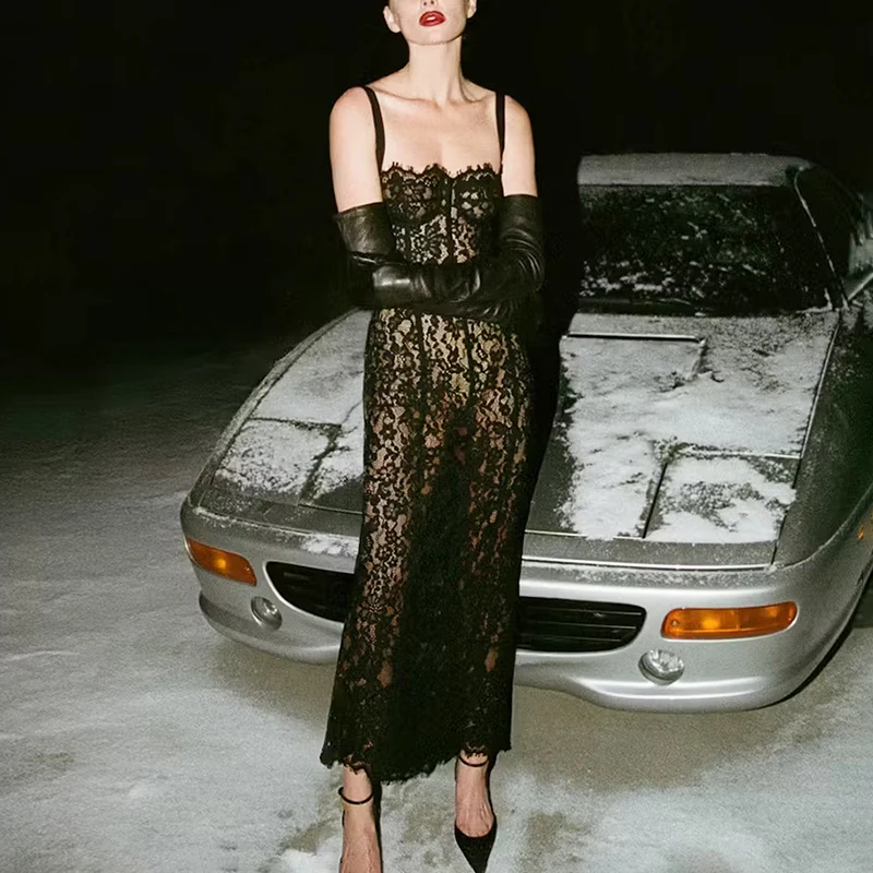 

Talenza Lace Hollow Out Long Dress For Women Sexy Off-Shoulder See Through Mesh Sling Dress Female Evening Party Elegant Dresses