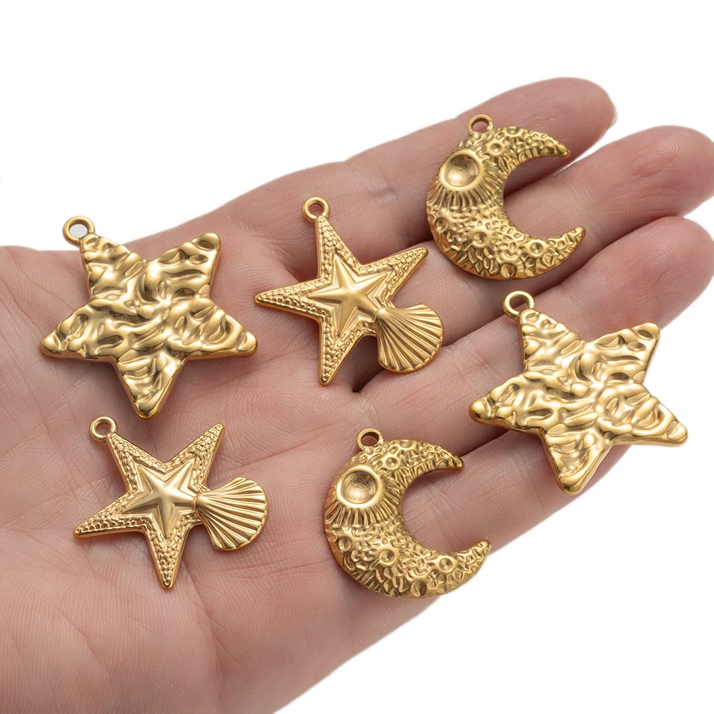 5pcs Stainless Steel Summer Starfish Beach Moon Star Charms Pendants for DIY Bracelet Necklace Earrings Jewelry Making Crafting