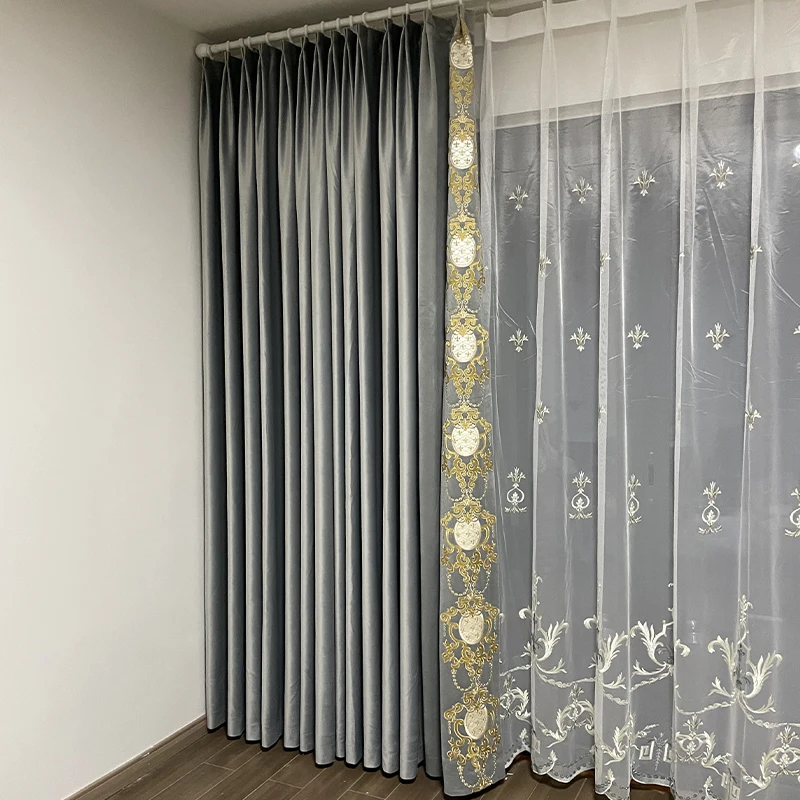 New American Luxury Gray Embroidery Velvet Splicing Thickened Blackout Curtains for Living Room Bedroom French Window Screen