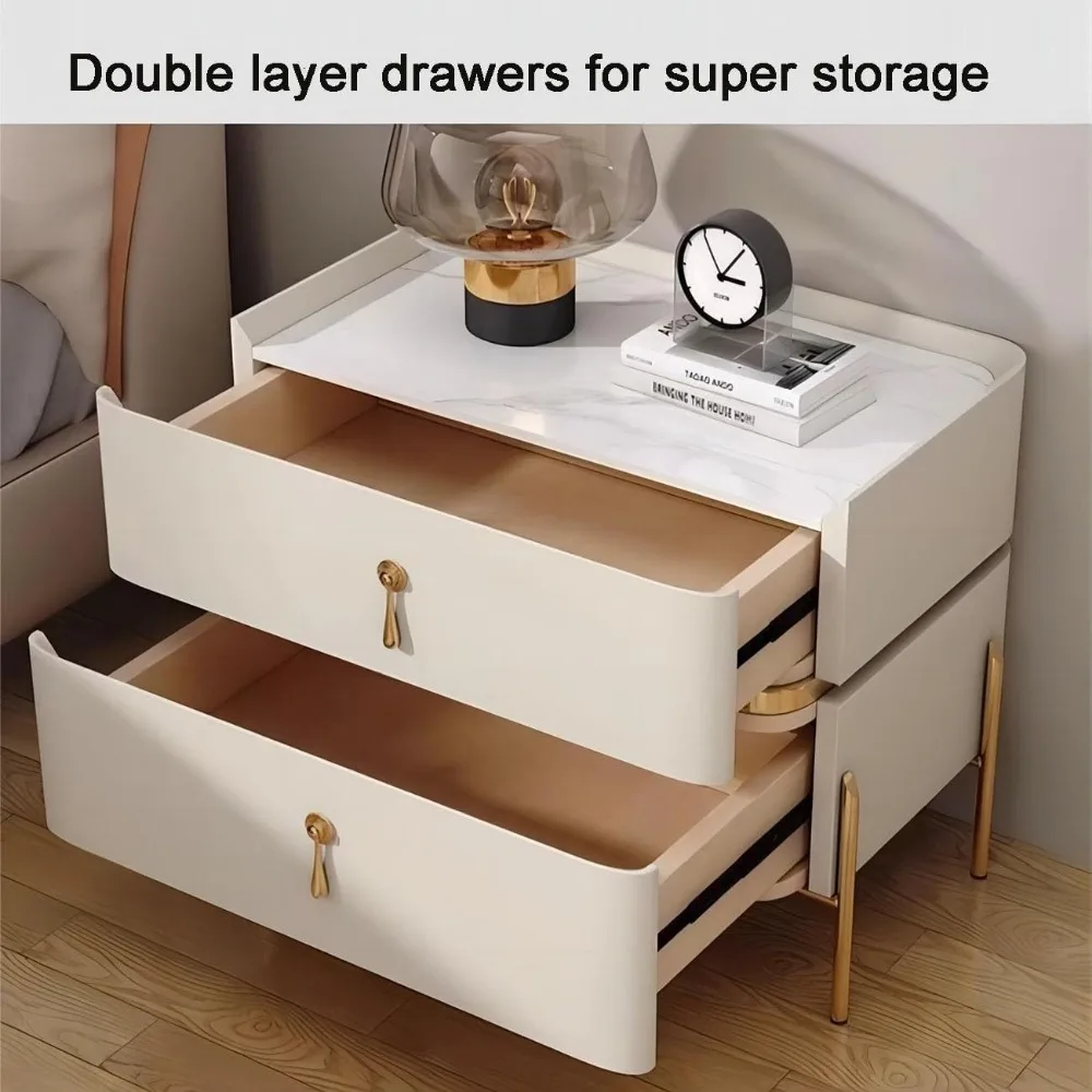 Comodino a due cassetti con manico in metallo, comodino in materiale PU, armadio portaoggetti per spazio abitativo