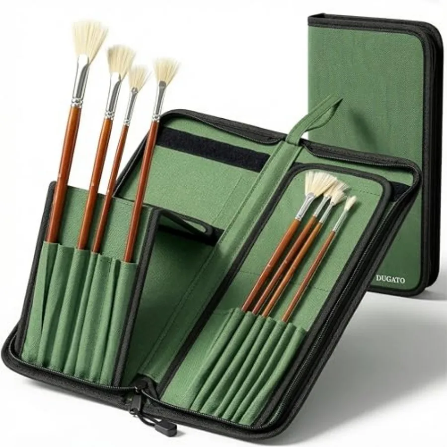 

Long Canvas Pat Brush Holder Zippered ch, Premium Art Case for Brushes Long Handle up to 13" Length, 15 Slots Storage for Artis