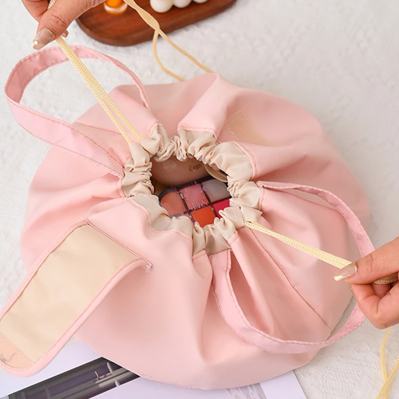 Ins Style Large Capacity Drawstring Makeup Bag for Women Portable Travel Storage Bags Waterproof Bucket Handbags Trend