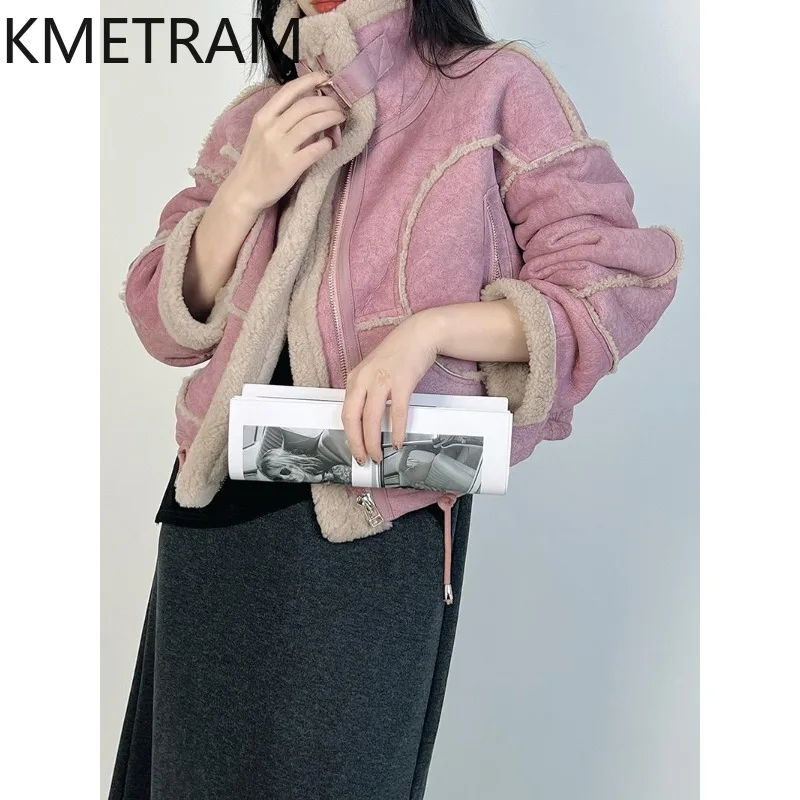 KMETRAM High Quality Sheep Shearling Real Fur Coat Woman Fashion Biker Crop Fur Jacket Warm Winter Clothes Woman Thicken Шуба