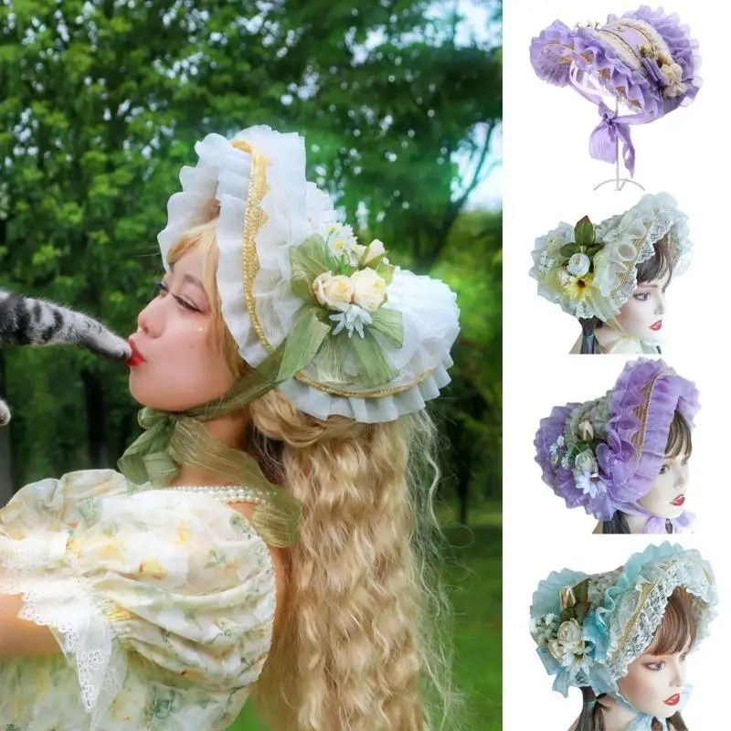 39BD Teas Party Sun Hat Lace Fascinators For Women Victorian Bonnet Victorian Headdres