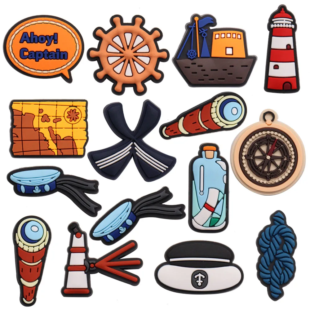 New Arrival 1pcs PVC Shoe Charms Steering Wheel Ship Lighthouse Map Telescope Compass Hat Drift Bottle Buckle Clog Boys Gift