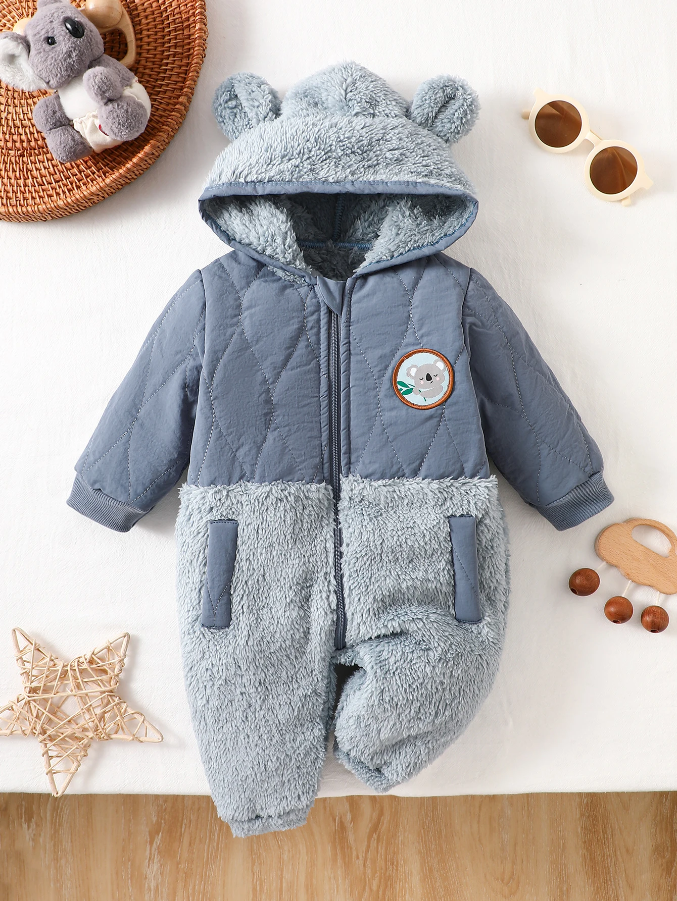 IURNXB Baby Winter Hooded Jumpsuit Koala Plush Spliced Warm Toddlers Romper Zipper Front Thickened Infant Onepiece Outfit 1-18M