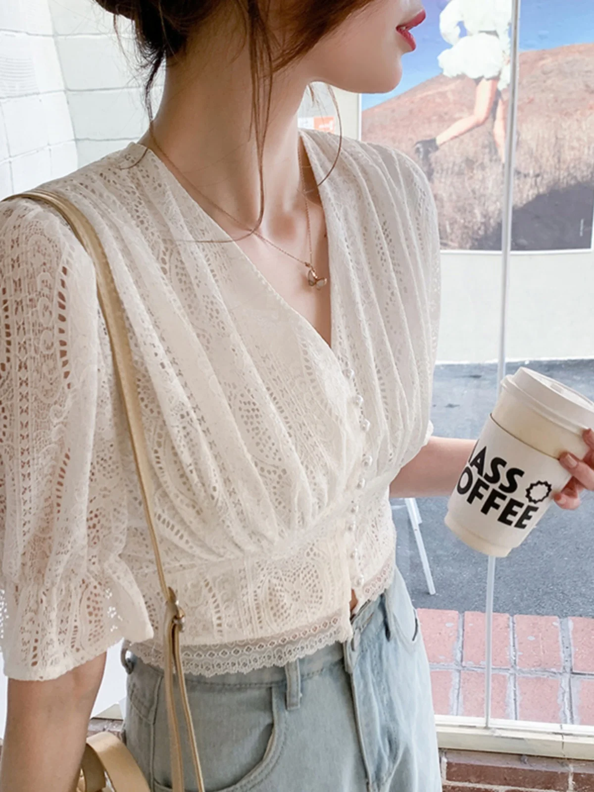 Retro Court Sle Bell Sve Lace irt Women's Ele V Ne Waist Cinched ort Length ort Sve Top Korean Sle Commute