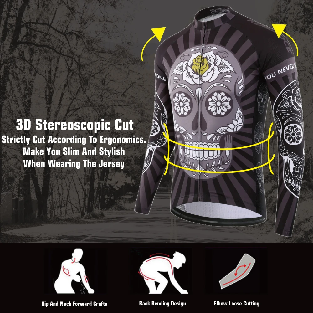 KEMALOCE Bike Jersey Long Sleeves Suits Summer&Autumn Skull Long Cycling Shirts Yellow&Black Road Breathable Men Bicycle Jersey