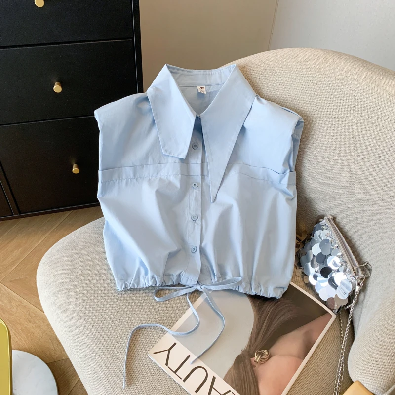 

Летняя женская рубашка свободного кроя с воротником, молочно-голубая, укороченная, с коротким рукавом, из хлопка, в корейском стиле, для повседневной носки