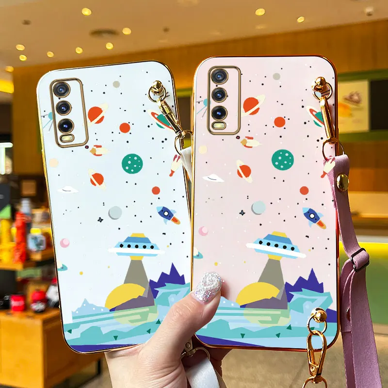 Sailing Spaceships Lanyard Plating Phone Case For VIVO Y20 Y20i Y22 Y20S Y21S Y21 Y50 Y100 Y95 Y91 Y33S Y93 Y200 Y76 Y35 Cover