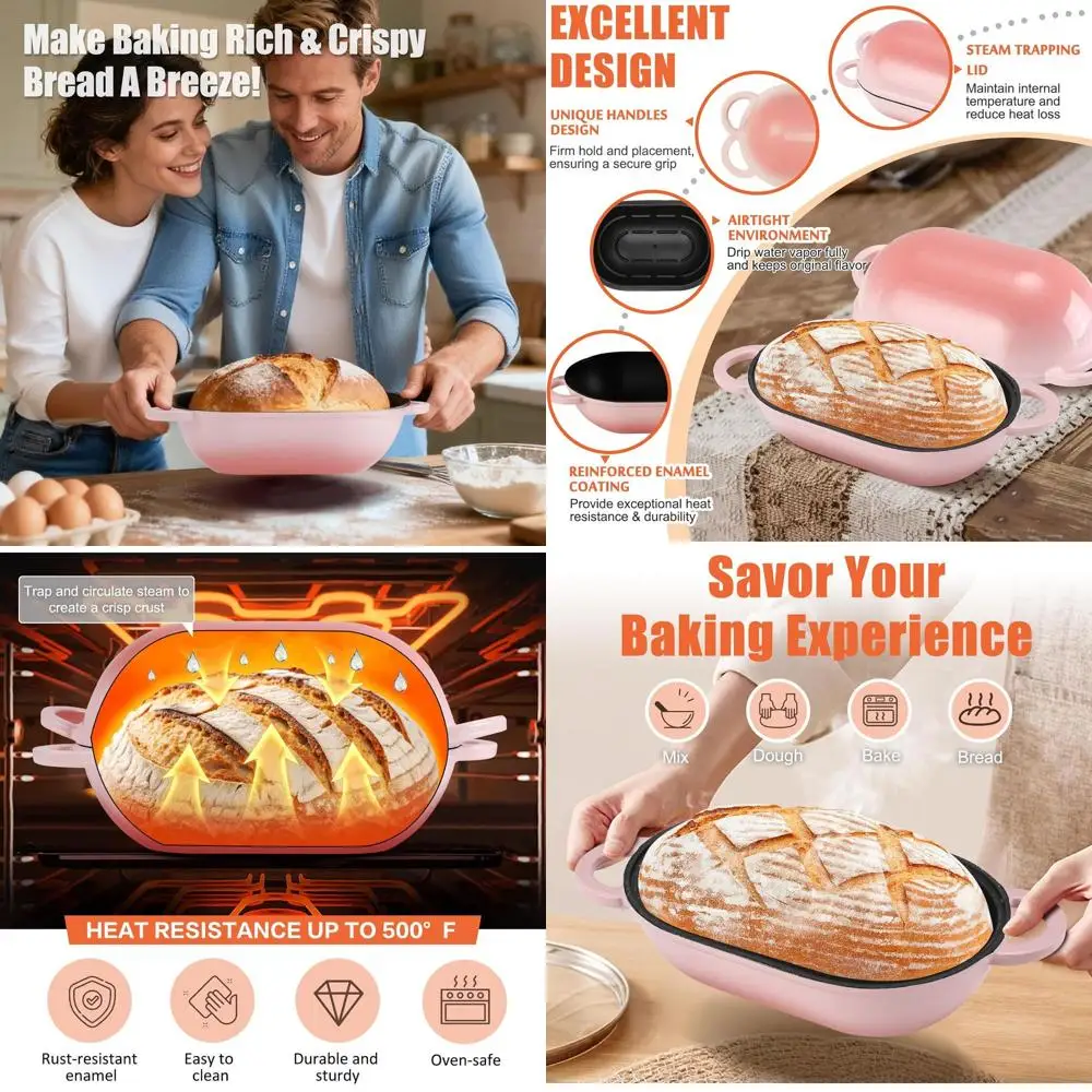 

Pink Gradient 5-Quart Enamel Cast Iron Sourdough Bread Pan with Cover, Oval Dutch Oven for Homemade Bread Baking