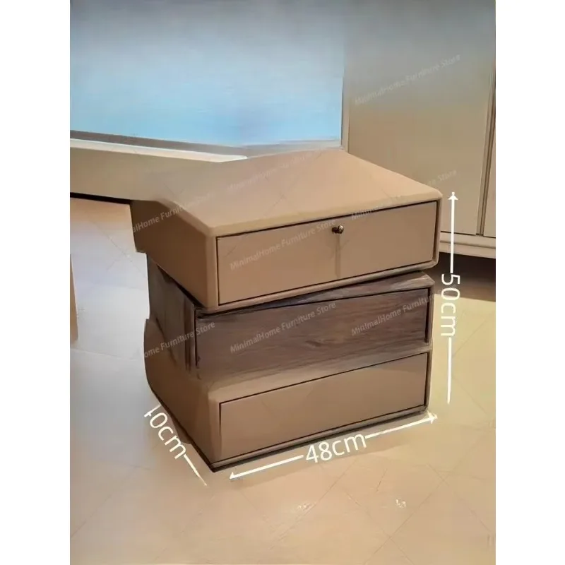 Stainless steel for bedroom furniture, modern luxury three-layer rotatable bedside table solid wood panel