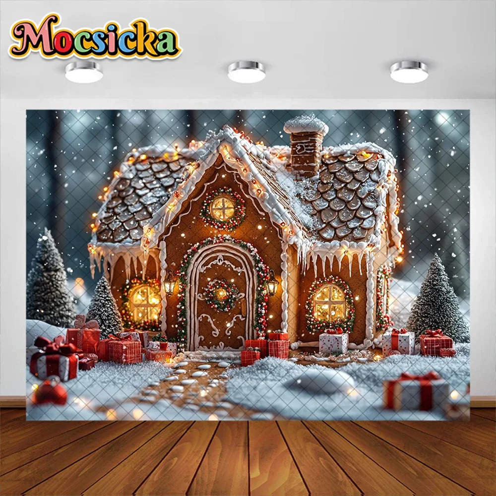Mocsicka fondo de fotografía, decoración de Navidad, cabaña de pan de jengibre, nieve, vacaciones para niños, accesorios de estudio fotográfico