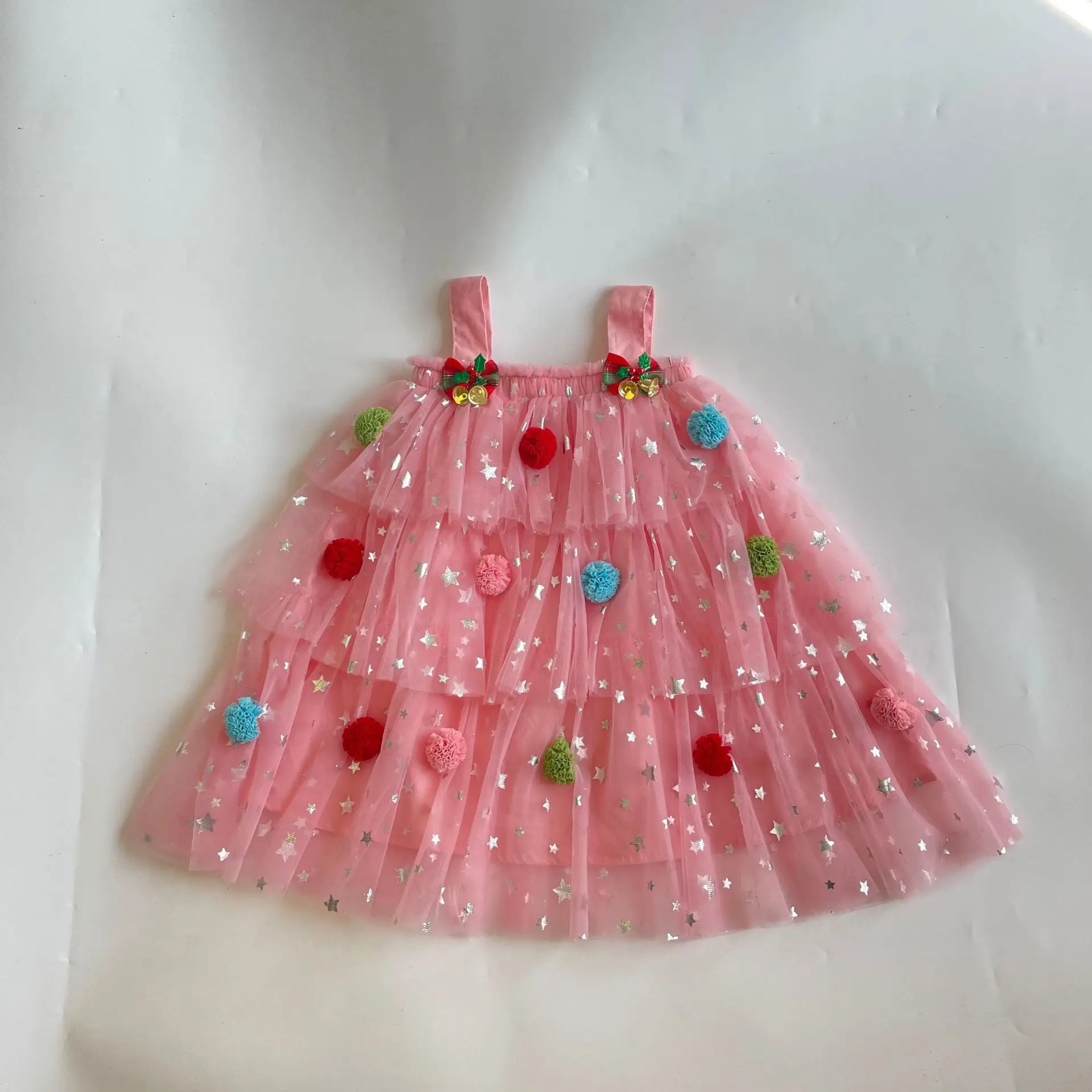 

1-9T Kid Baby Girls New Year Greeting Dress Sling Star Sequined Mesh Party Vestidos Layered Tulle Cake Dress with Plush Ball