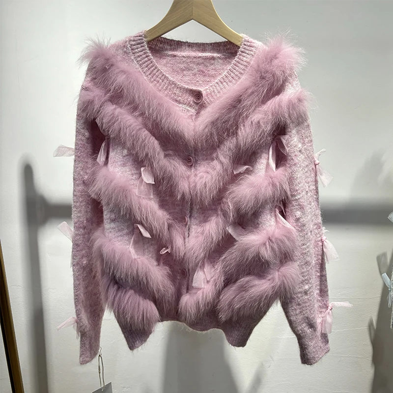 เสื้อสเวตเตอร์ขนสุนัขจิ้งจอกแท้ ดีไซน์โบว์น่ารัก สีฟ้า  คอลเลคชั่นใหม่ปี 2025 เสื้อแจ็คเก็ตถักนิตติ้งขนสัตว์แท้สุดน่ารัก