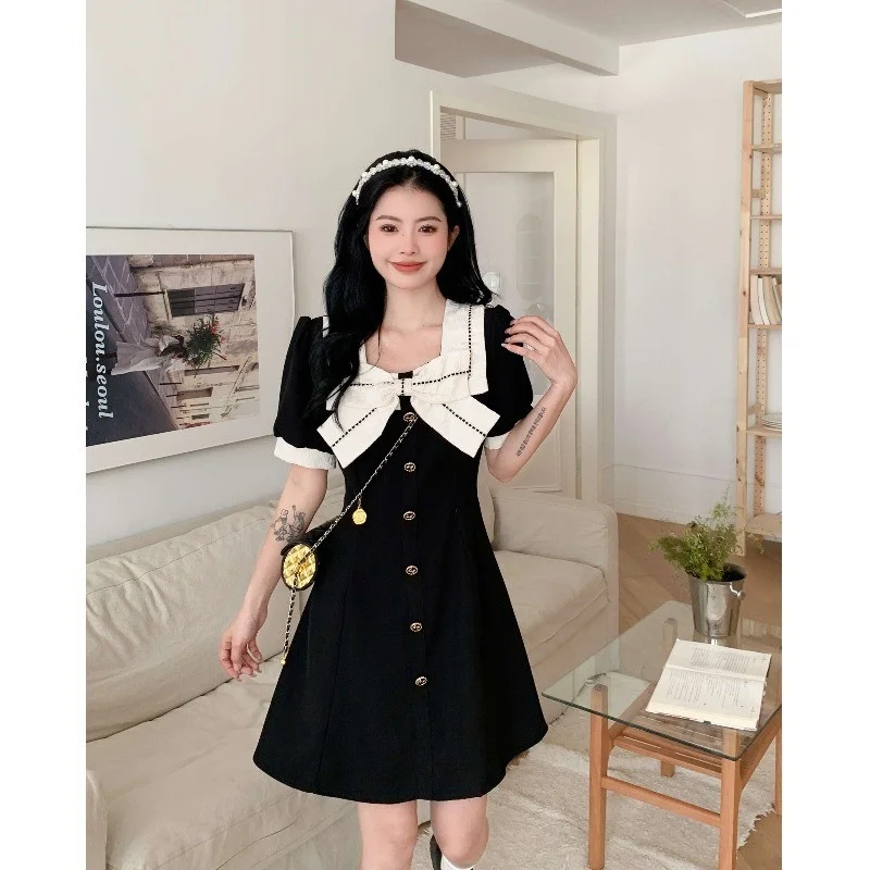 플러스 사이즈 나비 매듭 슬리밍 드레스 여성 디자인 감각적인 배형 체형 스커트 하이웨이스트 A라인 반팔 비즈니스 캐주얼