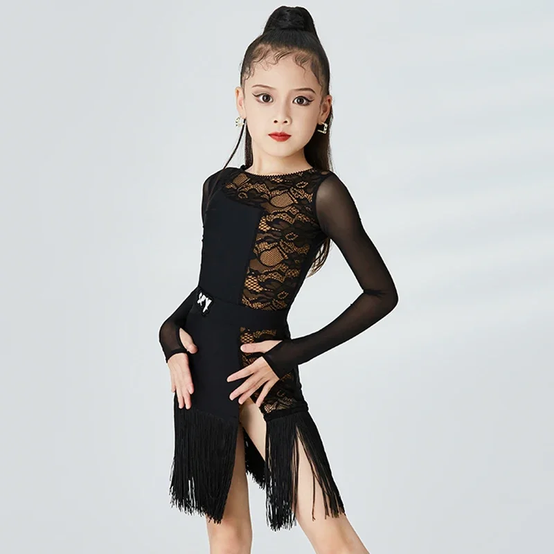 Girls Latin Dance Dress Long Sleeves Black Lace Practice Dress Cha Cha Rumba Fringe Dress Kids Performance Dancewear DNV17111