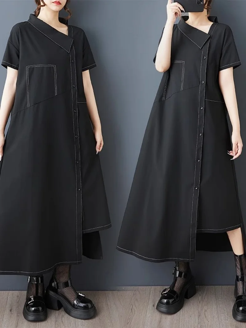 2025 verão estilo escuro único breasted vestido irregular para mulheres solto e elegante fio brilhante tamanho grande camisa vestido w095
