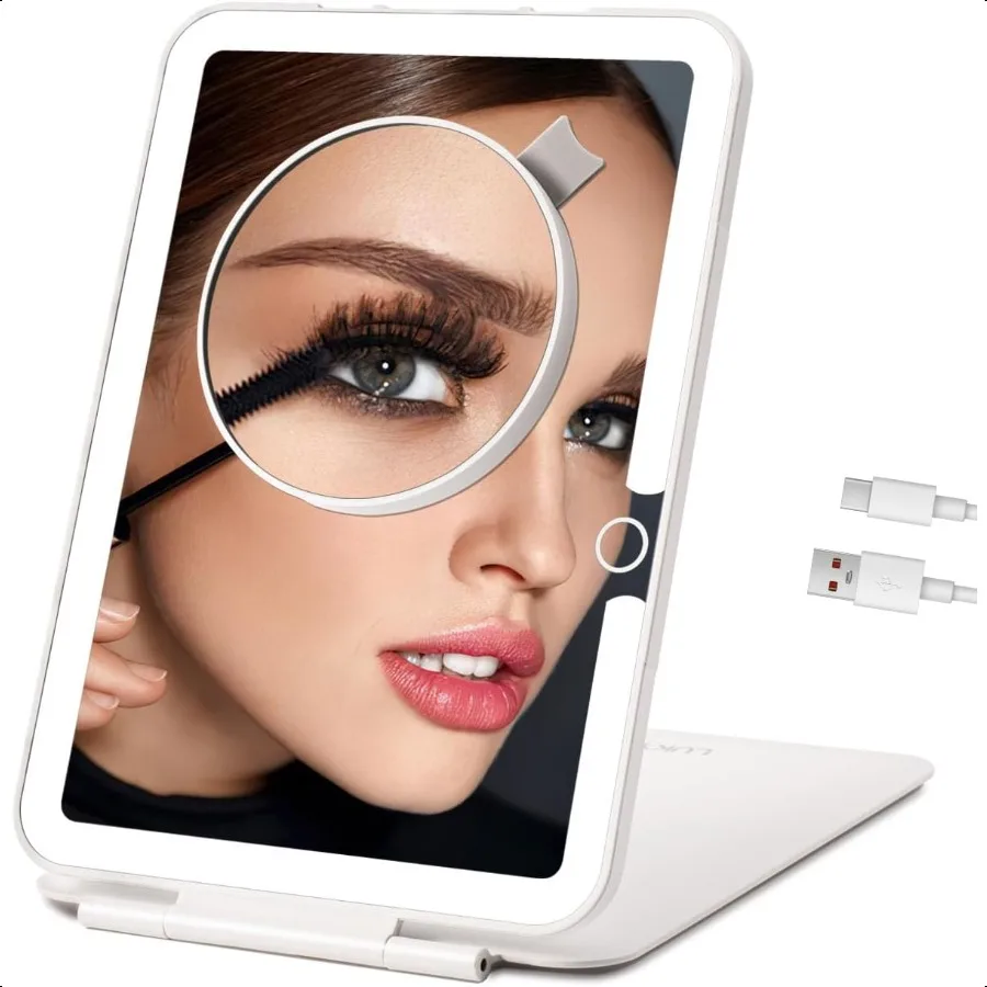 

Rechargeable Travel Makeup Mirror with Lights Portable Lighted Vanity 10X Magnification 70 LEDs 3 Color Dimmable Touch Screen T