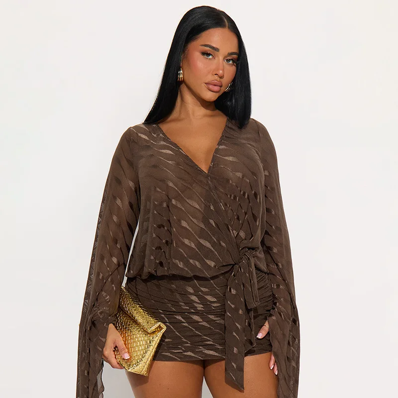 شقيقة ستار فستان موضة مثير موجة نمط الخامس الرقبة متوهج كم طويل عارية الذراعين الورك ملهى ليلي فستان حفلة عيد ميلاد الزي Vestidos