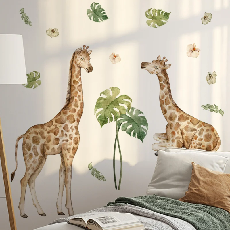 Large Safari Animals Giraffe Nursery Wall Sticker for Kid Room Living Room Decor Nordic Jungle Animals Giraffe Decals Wallpaper