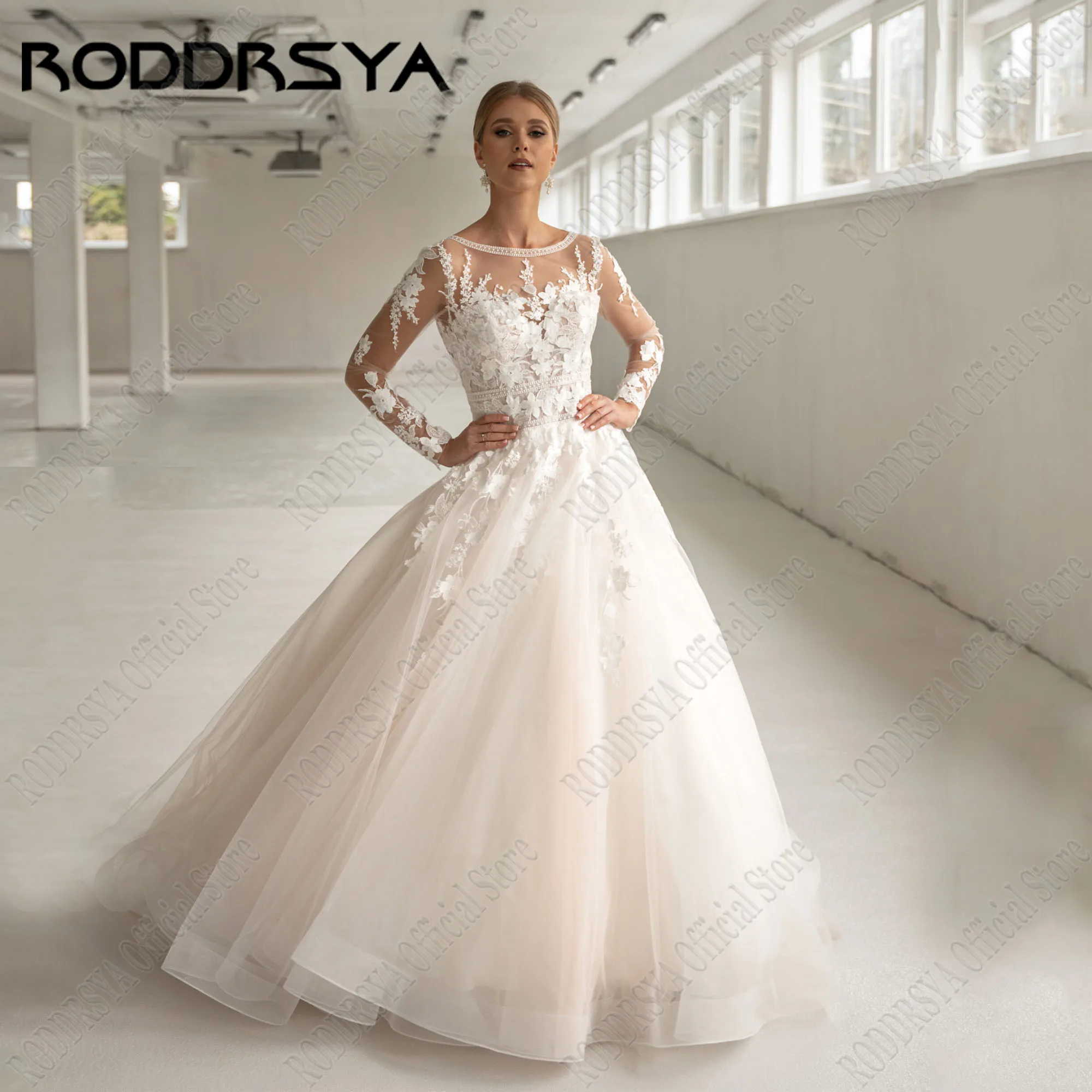 

RODDRSYA Applique Civil Wedding Dress 2024 Bride Backless Long Sleeves Vestidos De Novia A-Line Tulle Scoop Custom Plus Size