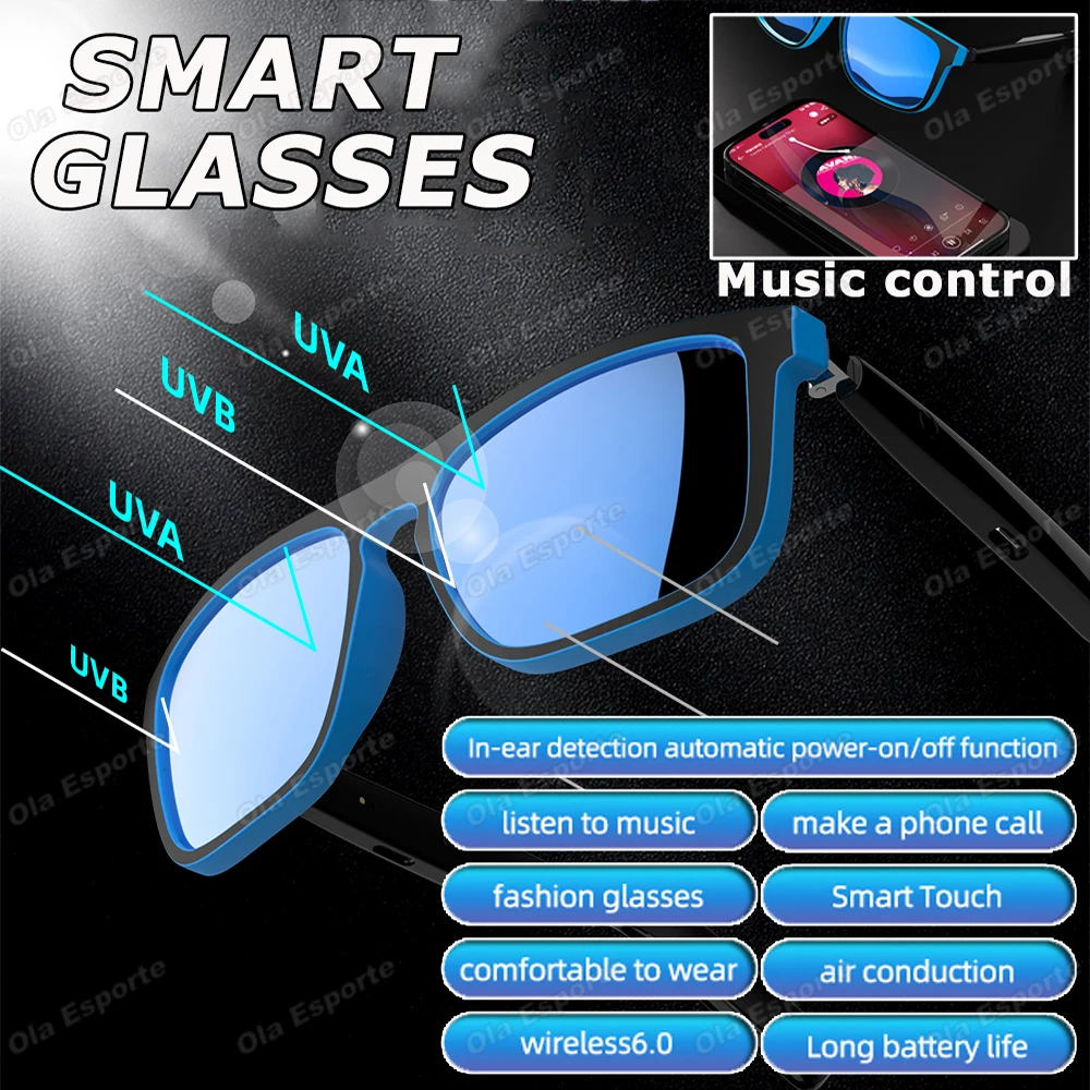 Ola Esporte New Smart Glassess Sunglasses Touch & Voice Control Bluetooth Call Play Music Headphones for Sports Driving Cycling
