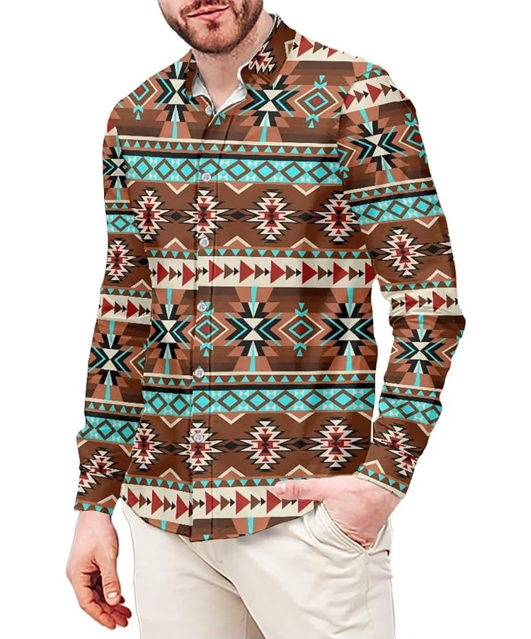 

Men's Ethnic Style Western Indian Pattern Shirt, Muscular Man's Beach Vacation Casual Outer Wear Men's Shirt, Simple Retro Top