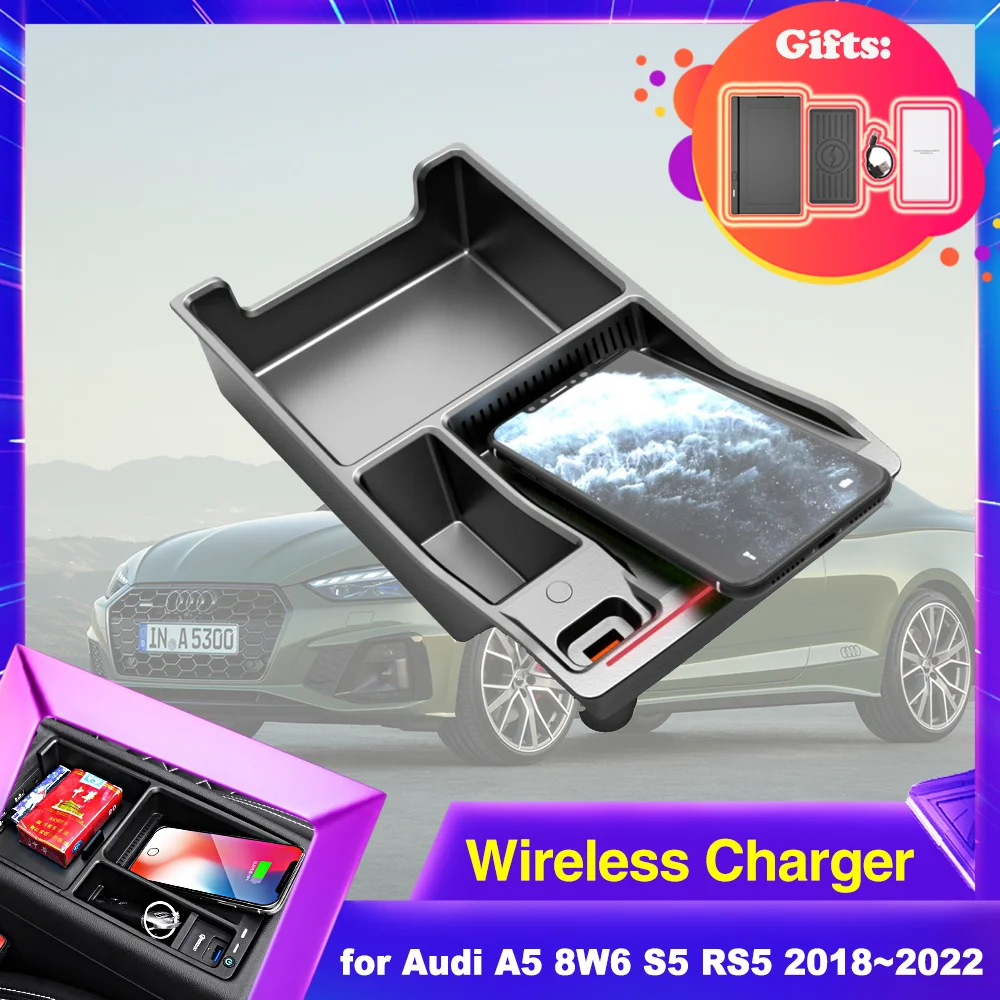 Car Wireless Charging Pad for Audi A5 8W6 S5 RS5 Coupe Sportback 2018~2022 Armrest Storage Box Phone Fast Charger Accessories