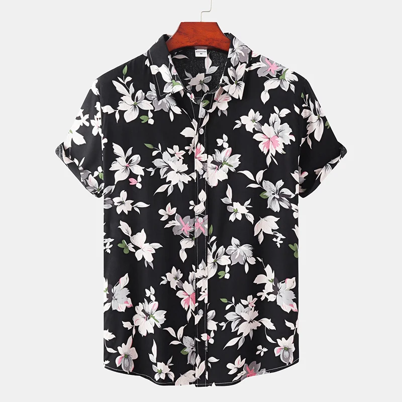 New Men\'s Summer Flower Short Sleeve Hawaiian Beach Male Shirts For Men Casual Blouse Dress Slim Fit Rockabilly Social Harajuku