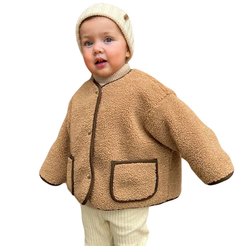 24 A/W New Polar Fleece Coat Design Sense Color Blocked Children\'s Clothing Single Breasted Long Sleeved Cardigan Top