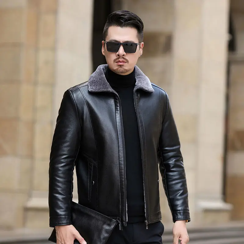 Genuine Leather Jacket For Men Middle-Aged Sheepskin Jacket Man Plus Plush Flip Collar Fur Integrated Jacket Large Size Coat