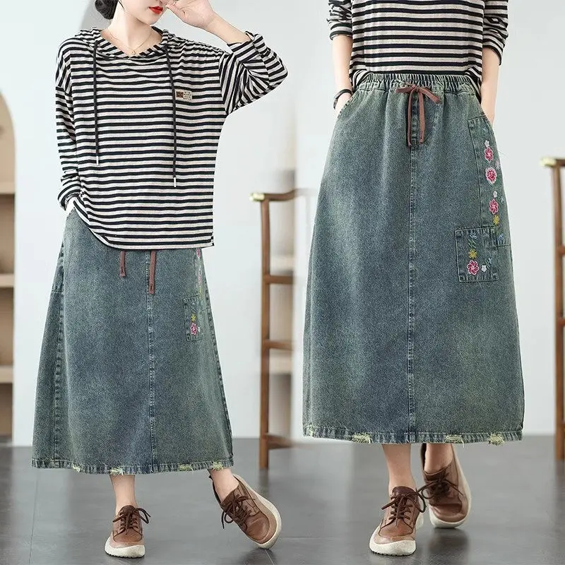 

202, весна-осень, корейский стиль, женская трендовая джинсовая юбка большого размера, вышитая юбка-миди с эластичной резинкой на талии, джинсы Saias G06