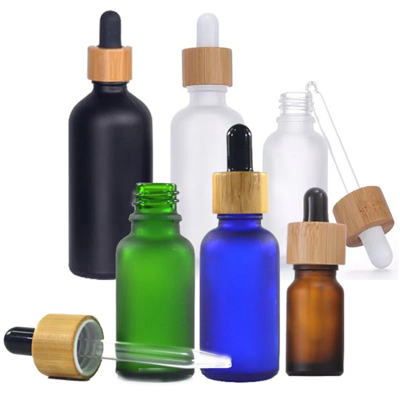 10Pcs 5/10/15/20/30/50/100 ML Frosted Dropper bottle with Bamboo lid cap Pipette Drop Bottles Refillable Thick Matte Glass