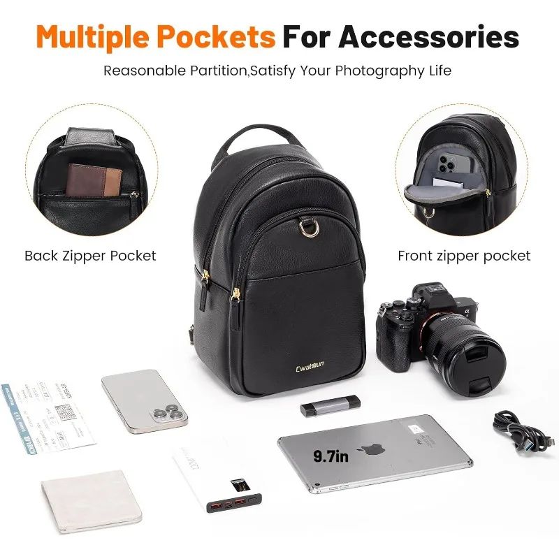 Cwatcun PU Leather Large Sling Crossbody Camera Bag For DSLR Mirrorless Cameras, Compatible Sony A7 Canon EOS R, Spacious Main