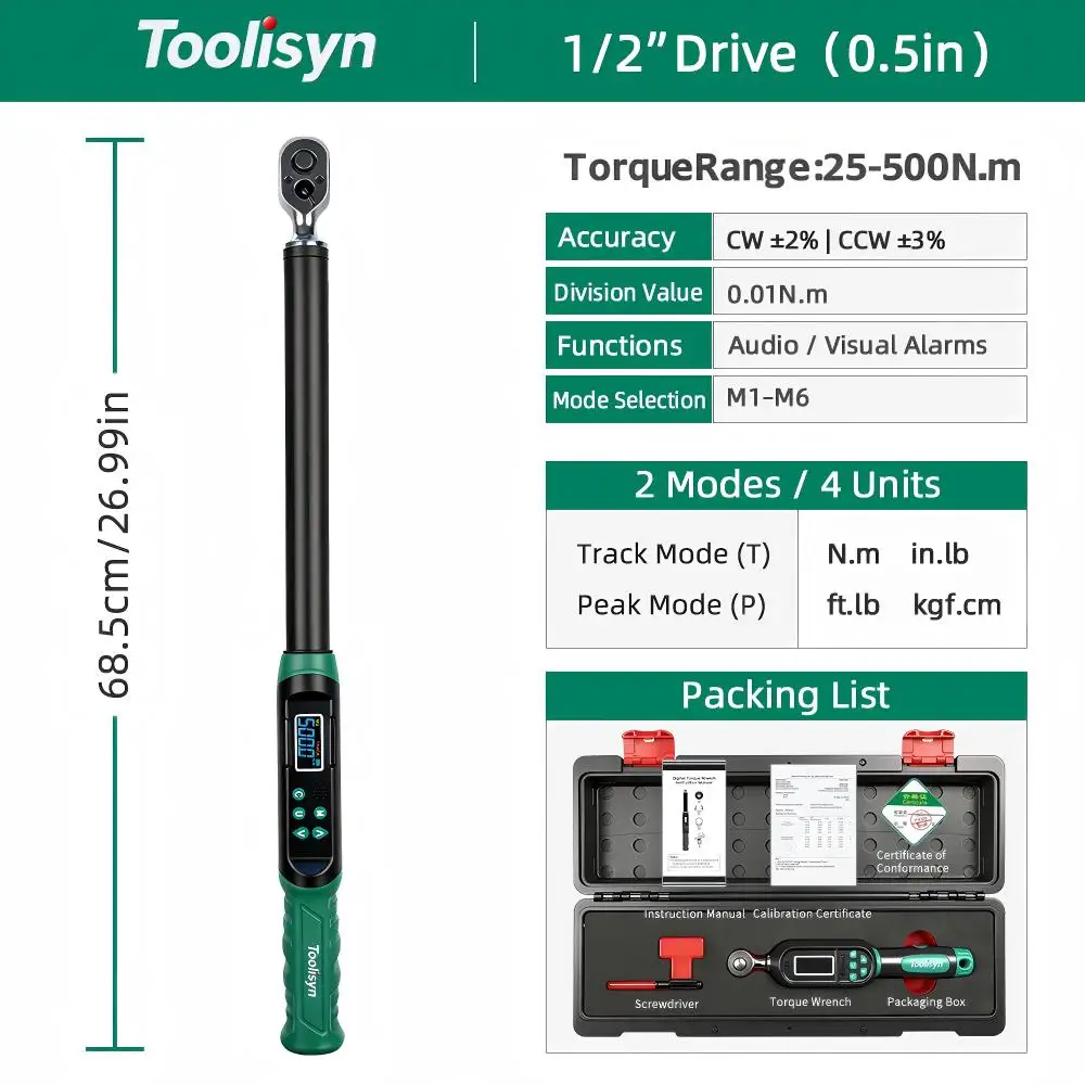 Toolisyn Digitale momentsleutel 0,3-500N.m Verstelbaar 1/4"3/8"1/2" Drive ± 2% nauwkeurigheid LED-zoemer Precisiegereedschap voor fiets- en autoreparatie