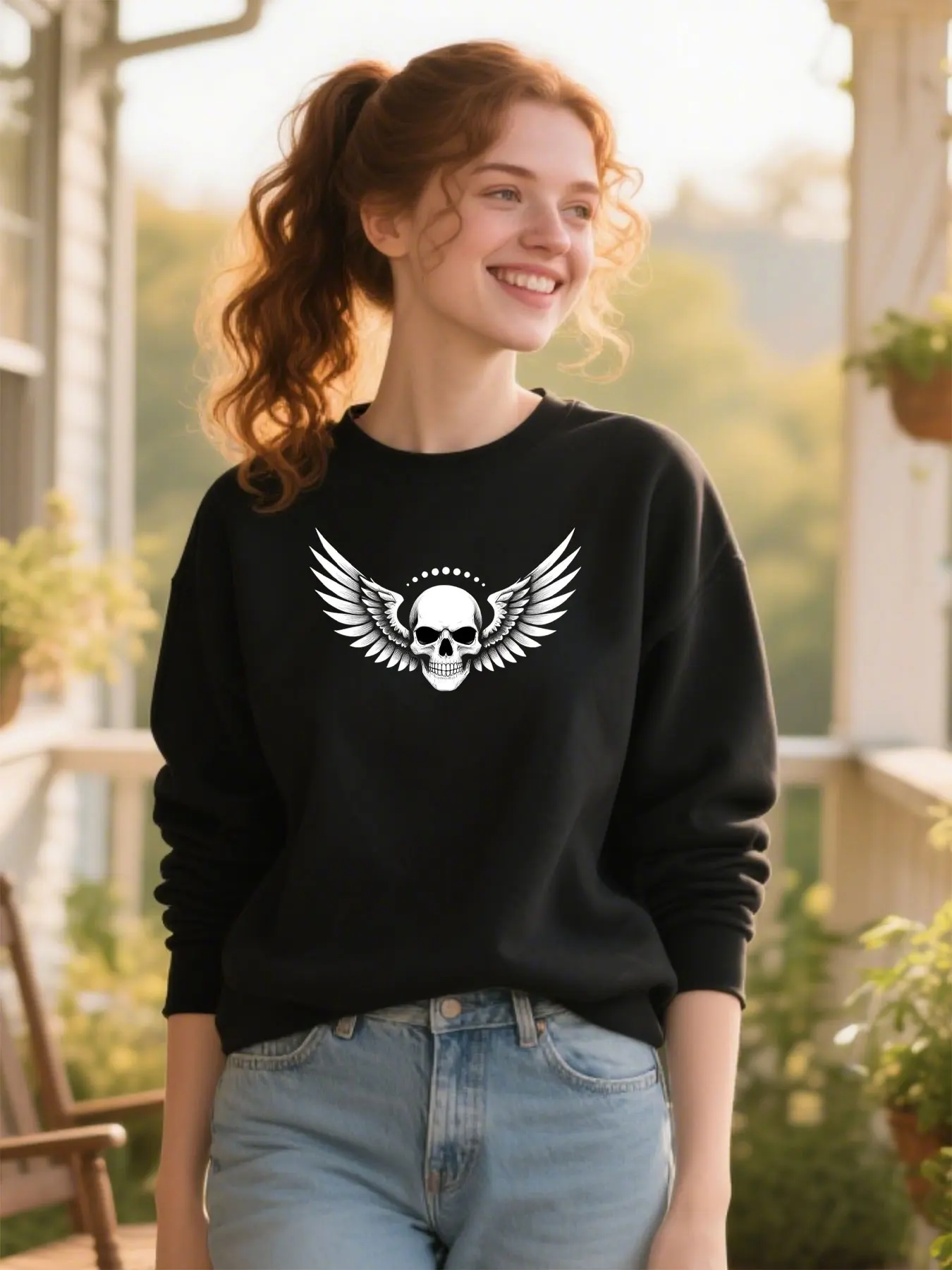 

Skull With Wings Dot Print Cotton Blend Unisex Crewneck Soft Comfort Classic Casual Halloween Gift​