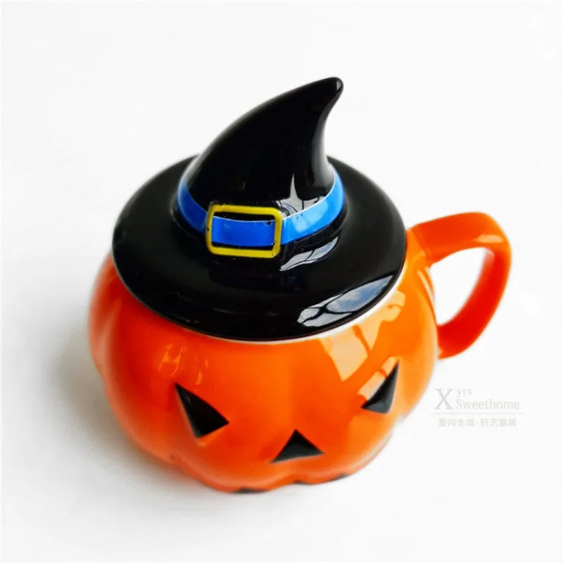 Taza de café con forma de calabaza Imp, Taza de cerámica, taza de desayuno de Halloween con tapa, taza de dibujos animados, decoración de