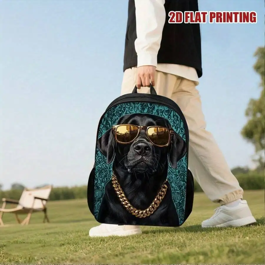 

Stylish Black Labrador Backpack With Chain And Glasses Design Lightweight Large Capacity Adjustable Straps Foldable 2D Flat