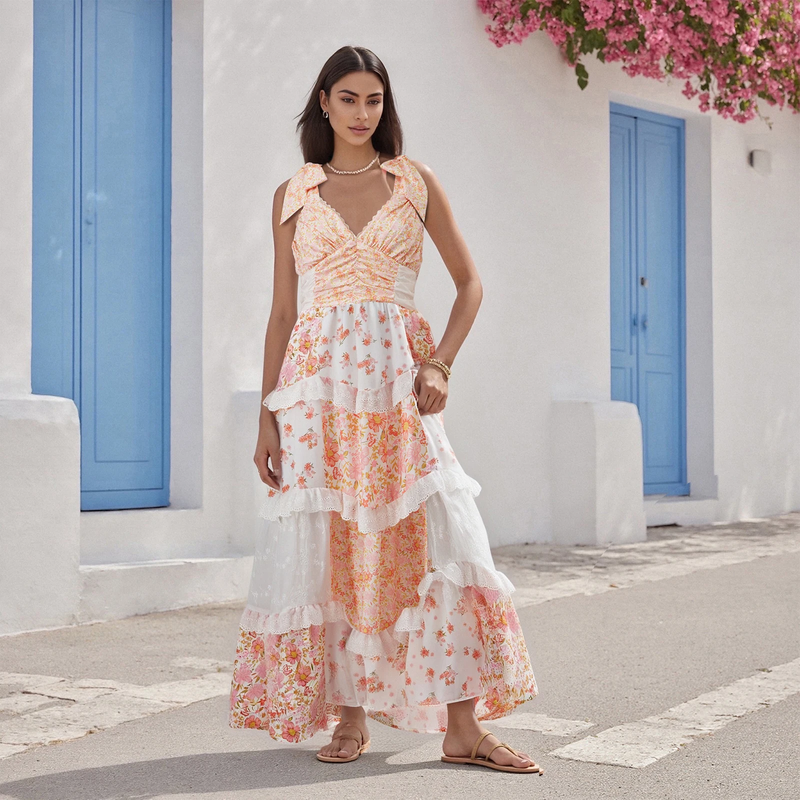 ชุดเดรสยาวลายดอกไม้สำหรับผู้หญิง แต่งลูกไม้ คอวี ผูกไหล่ ทรงเอไลน์ ระบายชั้นๆ สำหรับงานปาร์ตี้คลับทุกวัน