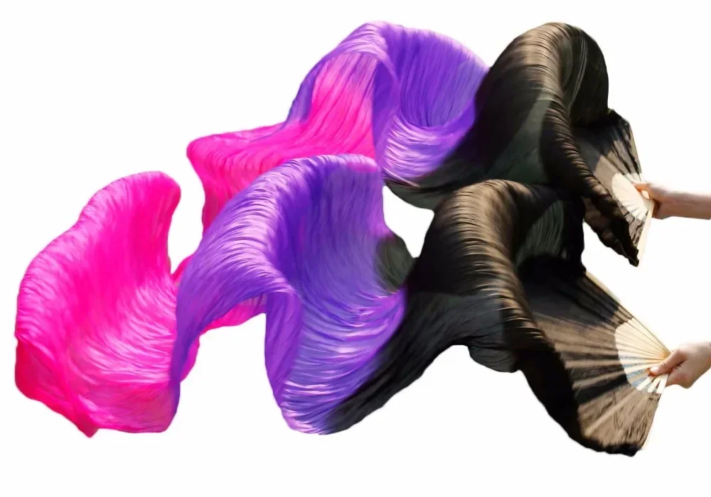 100% soie danse scène Performance accessoires danse soie ventilateurs 180x90 cm femmes 1 paire gauche + droite danse du ventre longs ventilateurs noir + violet + Rose