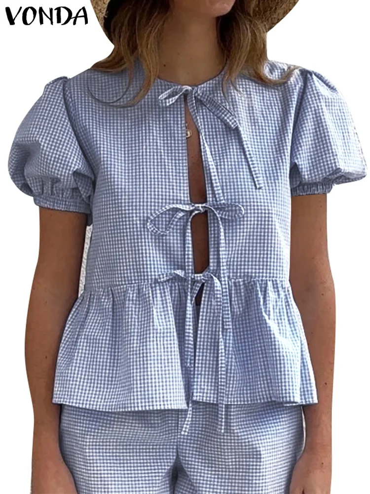 

VONDA Women Elegant Tops 2025 Bohemain Short Puff Sleeve Shirts Summer O-Neck Bow Casual Blouses Female Vintage Printed Blusas