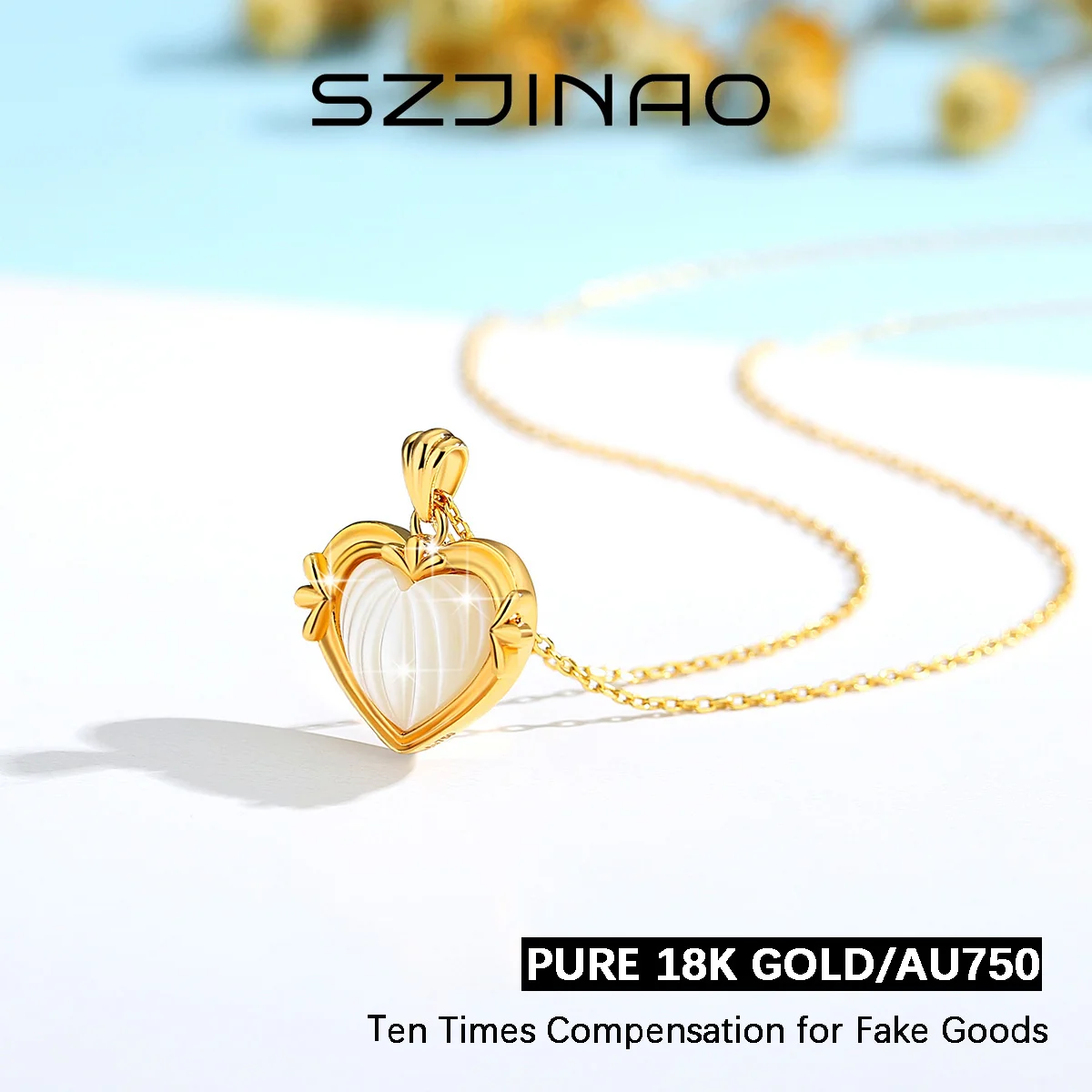 100% 18K Gold Heart Pendant Necklaces Genuine AU750 White Shell Red Agate for Women Trendy Jewelry Anniversary Gift Dropshipping