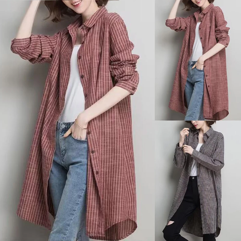 Women Casual Blouse Shirt with Plaid Print Long Sleeves and Loose Fit Single Breasted Style Suitable for Seasonal Wear