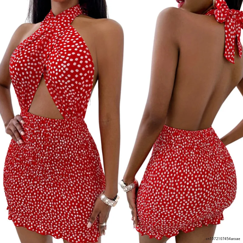 

Women Close-fitting Backless Dress Sexy Floral Printed Pattern Halter Neck Hollow Out Short Dresses Summer 2023 Club Wear