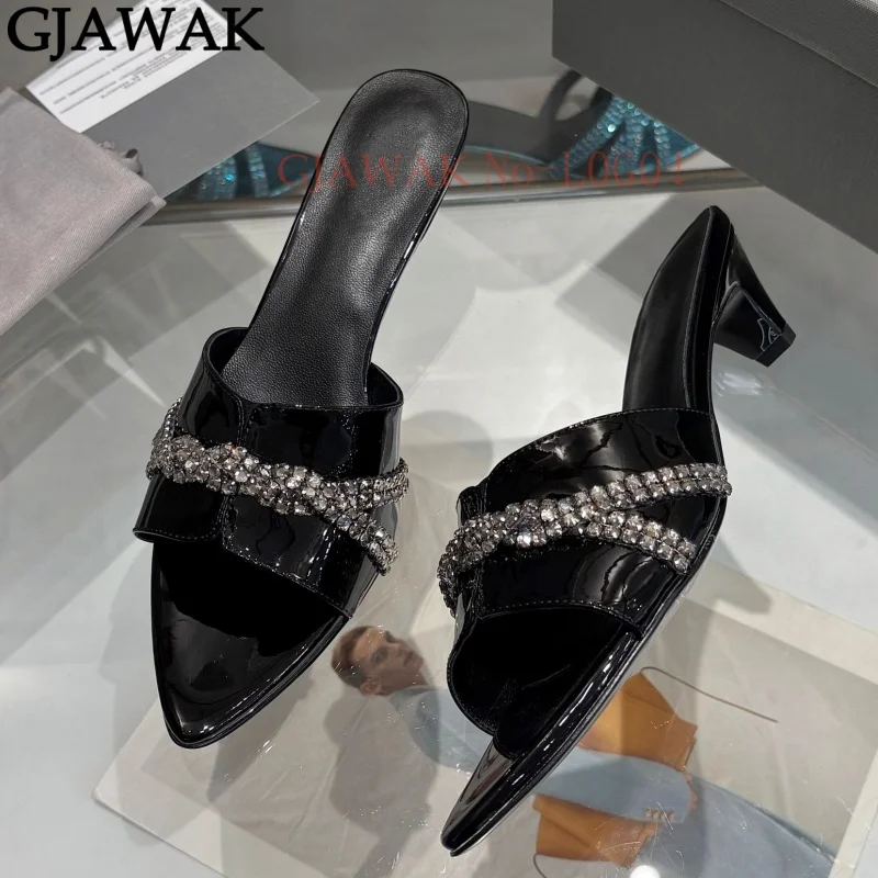Summer Spike Heels Crystal Slippers Women Sexy Black Leather Party Shoes For Woman Slides Modern Sandals Women Slippers