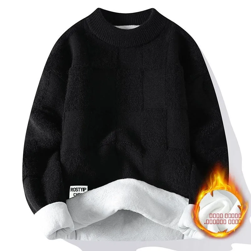 

Мужской утепленный вязаный свитер с круглым вырезом на флисовой подкладке, зимний базовый слой, молодежный, с длинным рукавом, цветной
